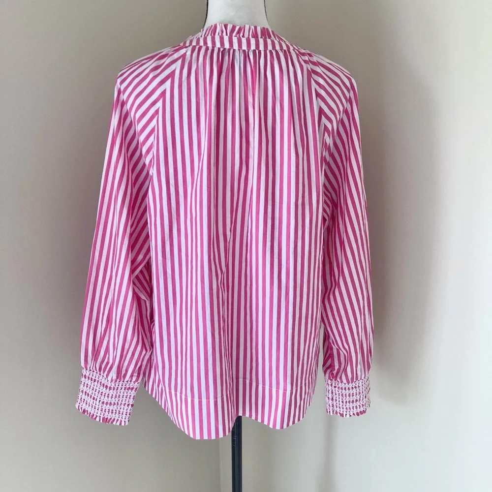 J Crew Smocked-cuff popover top in Pink and White stripe Size S